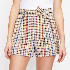 LOFT Size XL Crinkle Plaid Paperbag Tie Waist High Rise Elastic Shorts